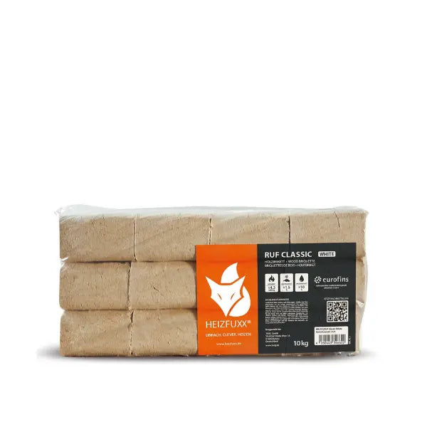 Heizfuxx RUF Classic White Holzbriketts 960 kg Palette 96x10 kg Weißholz RUF-Form Heizwert ≥4,8 kWh/kg