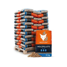 Laden Sie das Bild in den Galerie-Viewer, Heizfuxx Holzpellets Blue ENplus A1 975 kg Palette 65x15 kg 6 mm Nadelholz Heizwert ≥4,6 kWh/kg