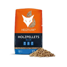 Laden Sie das Bild in den Galerie-Viewer, Heizfuxx Holzpellets Blue ENplus A1 975 kg Palette 65x15 kg 6 mm Nadelholz Heizwert ≥4,6 kWh/kg